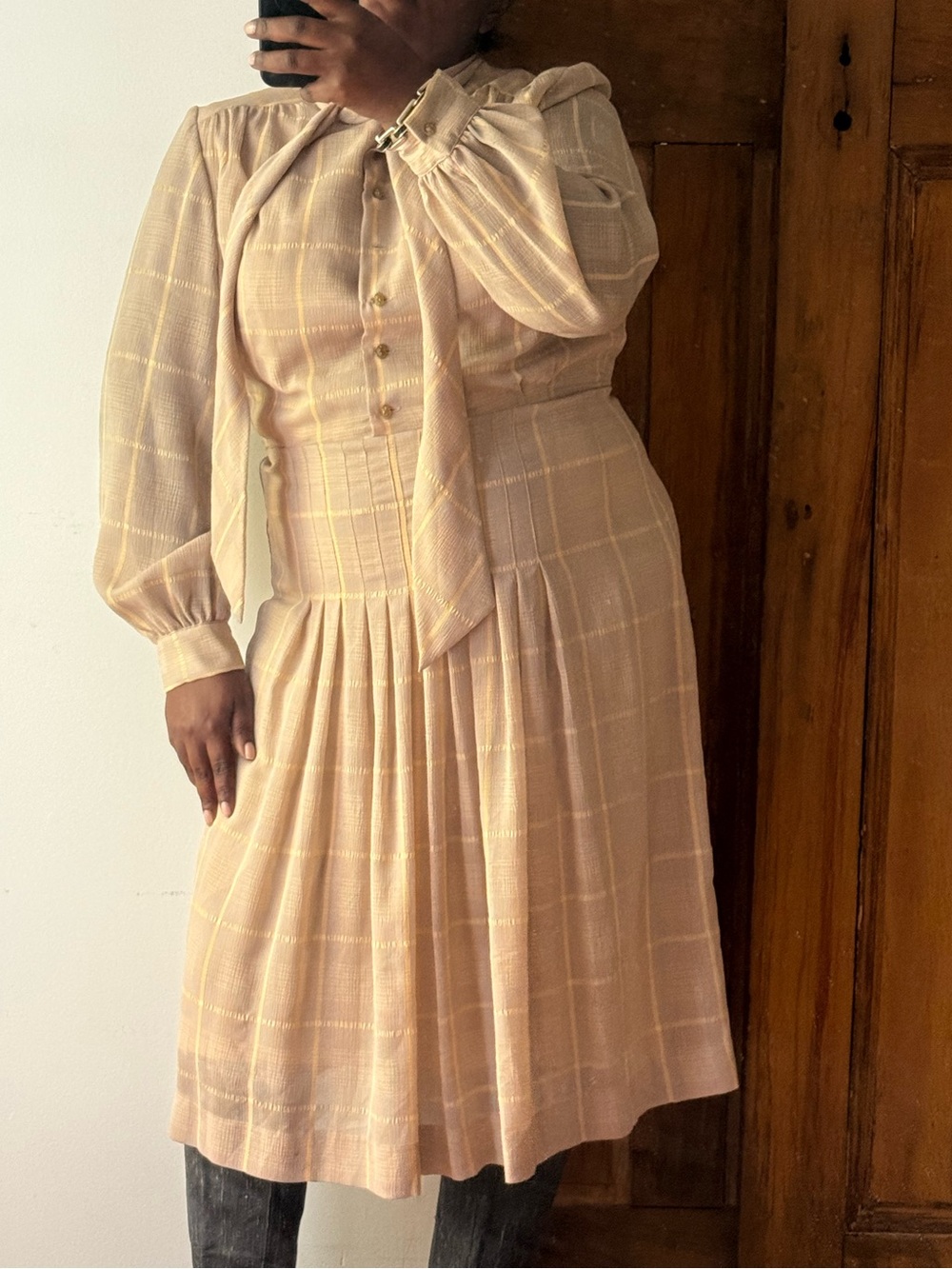 Vintage Secretary Dress Beige Plaid Bow Midi Dress Pleated Old Money Dress